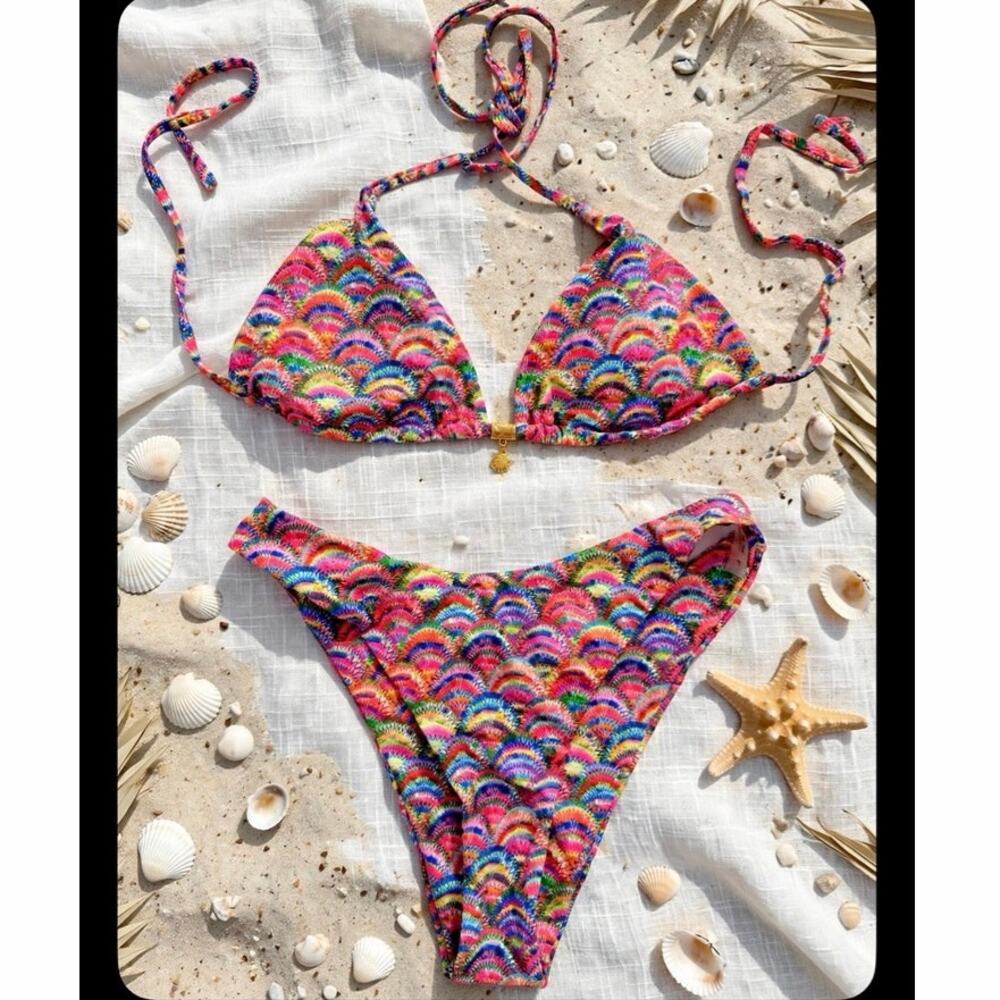 SHEIN Swim Mod Rainbow Scallop Shell Charm Triangle Bikini Set L NWT High Cut